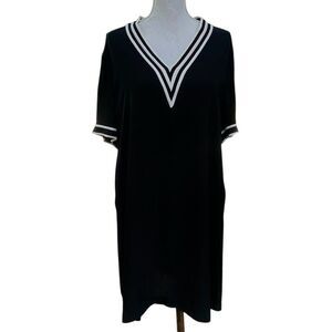 Rag & Bone Black V-Neck Tunic Dress L Striped Trim Short Sleeve Athletic Preppy